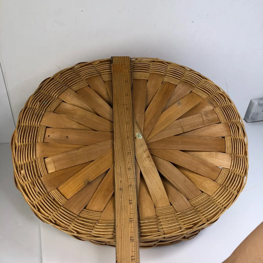 VTG Oval Wood Woven Basket Tray Faux Leather Handles w/ Round Organizer Dividers